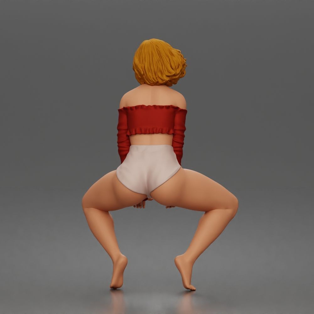 Diorama Modellbau Produktfoto 4: Hockende Figur: Tänzerin mit schulterfreiem Crop-Top & Shorts (a185)