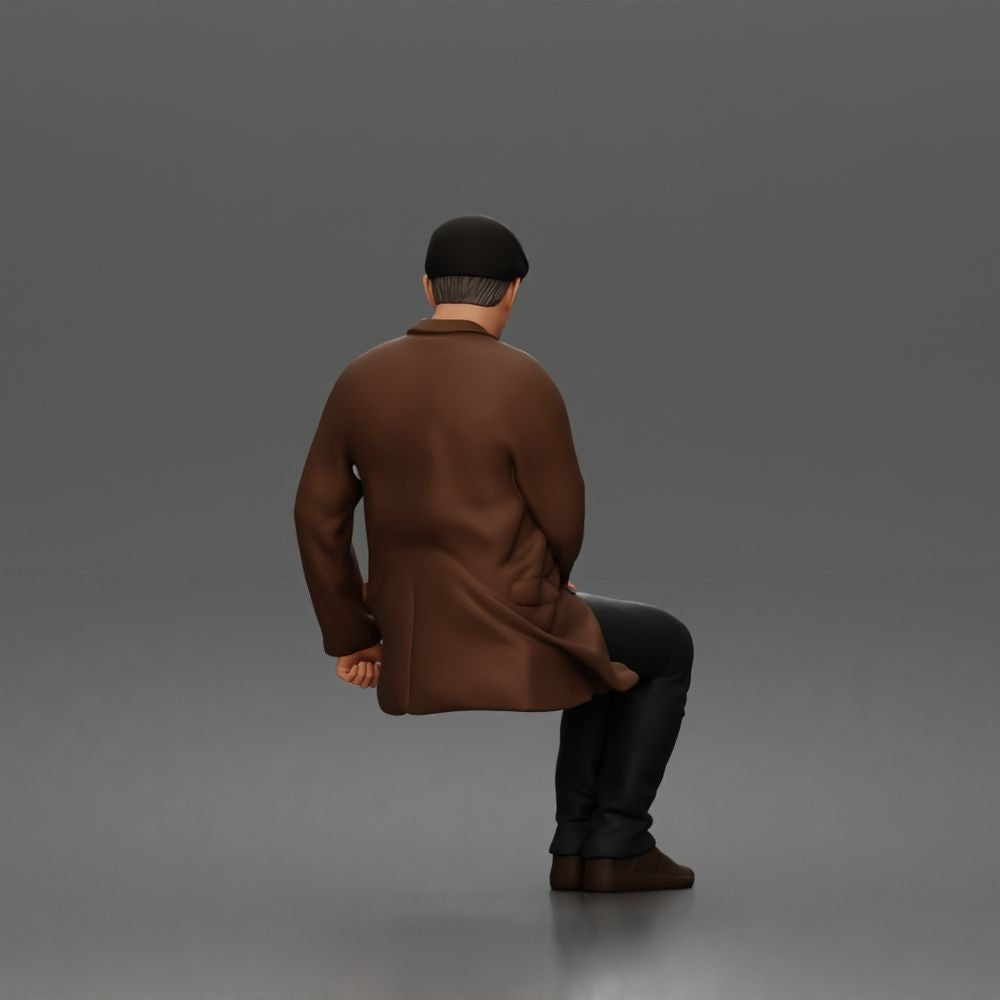Diorama Modellbau Produktfoto 4: Sitzende Figur: Älterer Mann mit Mütze & Jacke (a210)