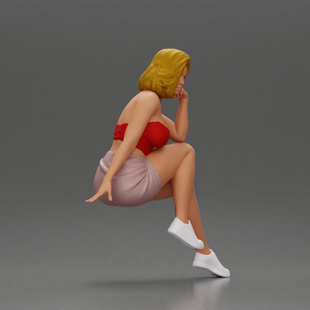 Diorama Modellbau Produktfoto 4: Sitzende Figur: Frau mit gekreuzten Beinen & aufgestütztem Kopf (a156)