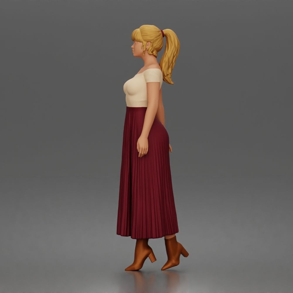 Photo produit de modélisme pour diorama 4 : figurine debout : femme avec haut à épaules dénudées et longue jupe plissée (a181)