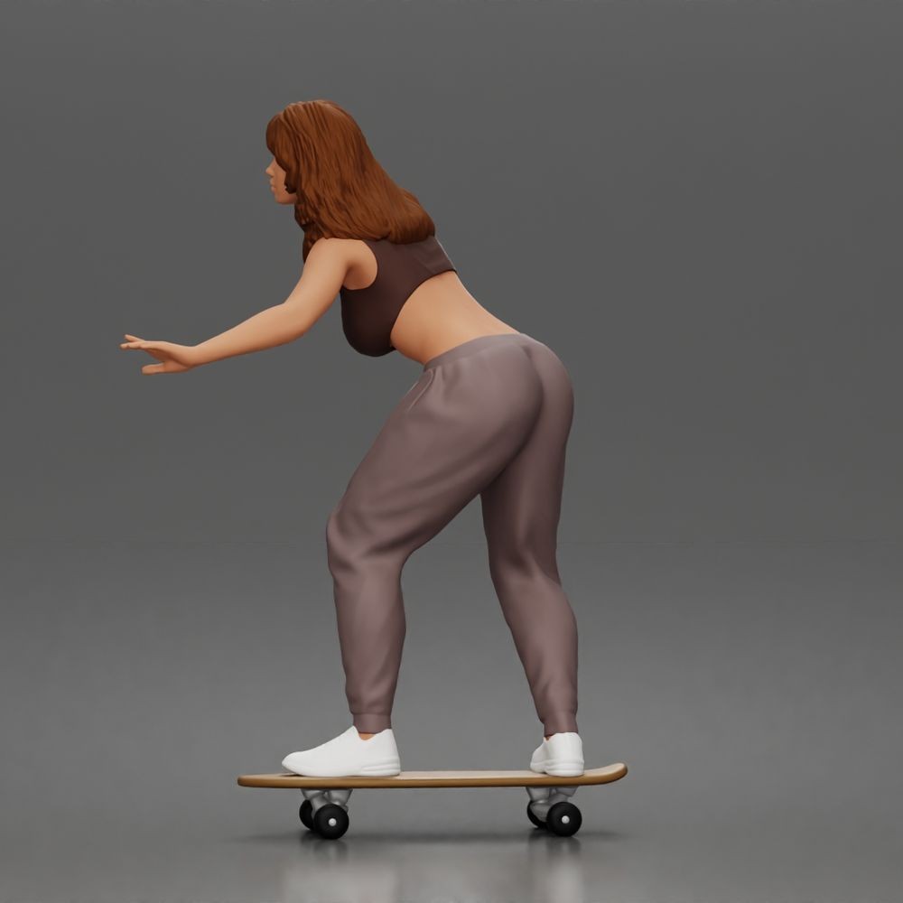 Diorama Modellbau Produktfoto 4: Diorama Figur: Skaterin balancierend auf Skateboard mit Crop-Top & Jogginghose (a170)
