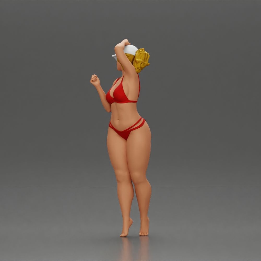 Diorama Modellbau Produktfoto 5: Stehende Figur: Frau im Bikini mit Kappe und erhobenem Arm (a160)
