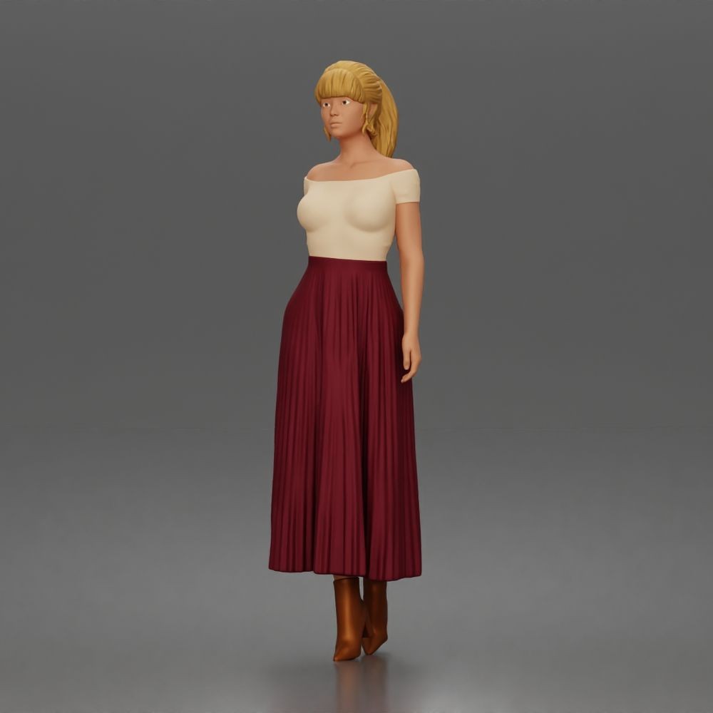 Photo produit de modélisme pour diorama 5 : figurine debout : femme avec haut à épaules dénudées et longue jupe plissée (a181)
