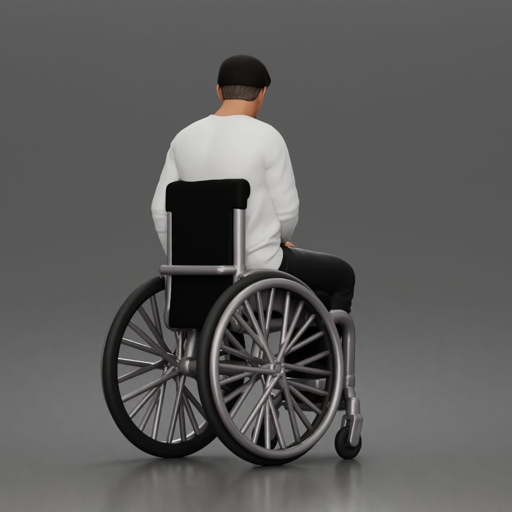 Diorama Modellbau Produktfoto 5: Sitzende Figur: Älterer Mann im Rollstuhl mit Freizeitkleidung (a202)
