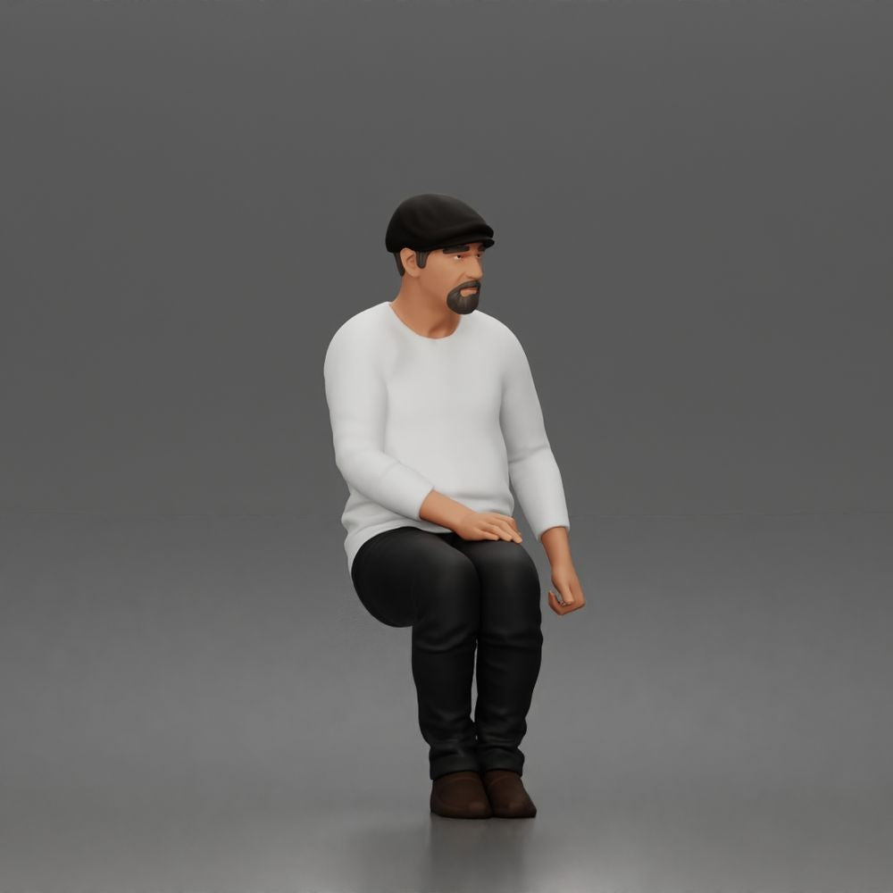 Diorama Modellbau Produktfoto 5: Sitzende Figur: Älterer Mann mit Mütze und Freizeitkleidung (a203)