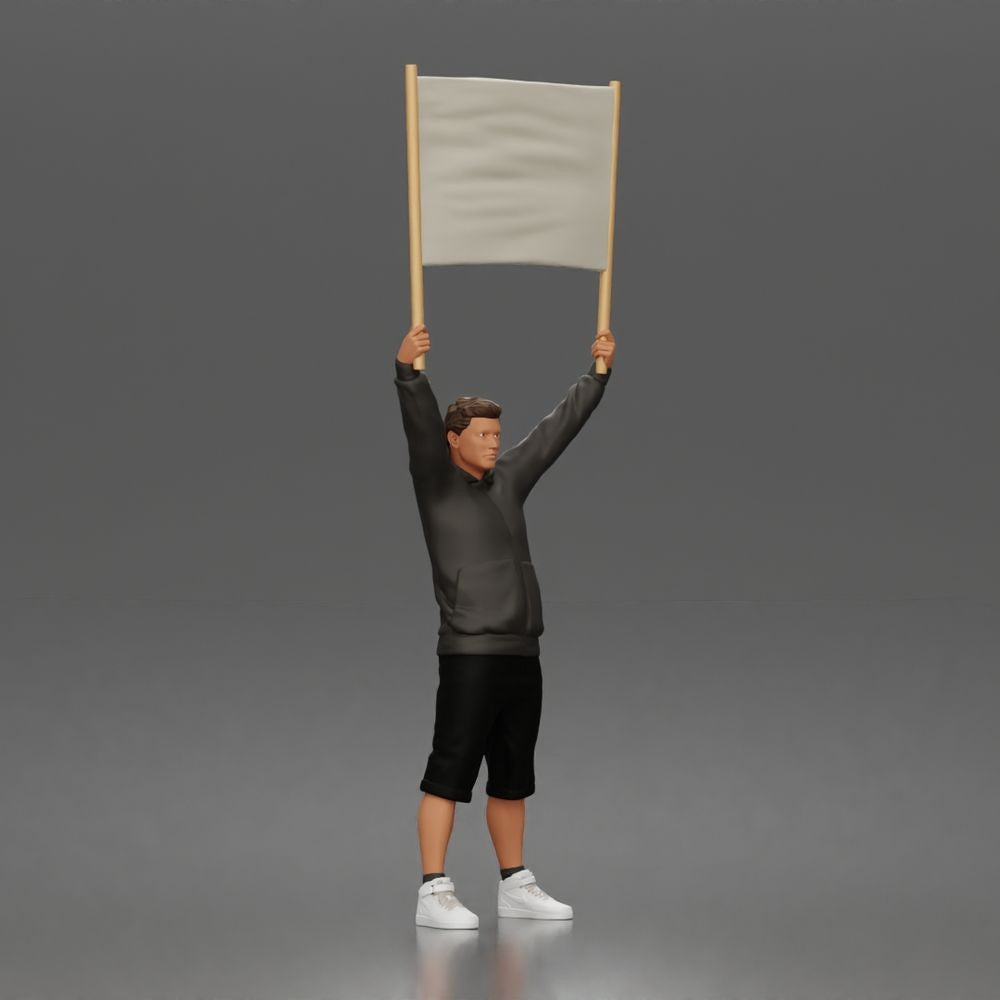 Diorama Modellbau Produktfoto 5: Stehende Figur: Demonstrant mit leerem Banner, Kapuzenpullover & Shorts (a178)