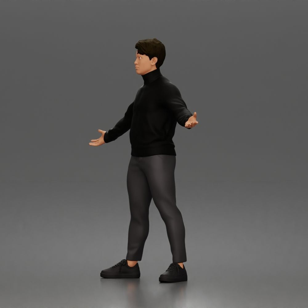 Diorama Modellbau Produktfoto 5: Stehende Figur: Präsentierender Mann mit Rollkragenpullover und offenen Armen (a190)