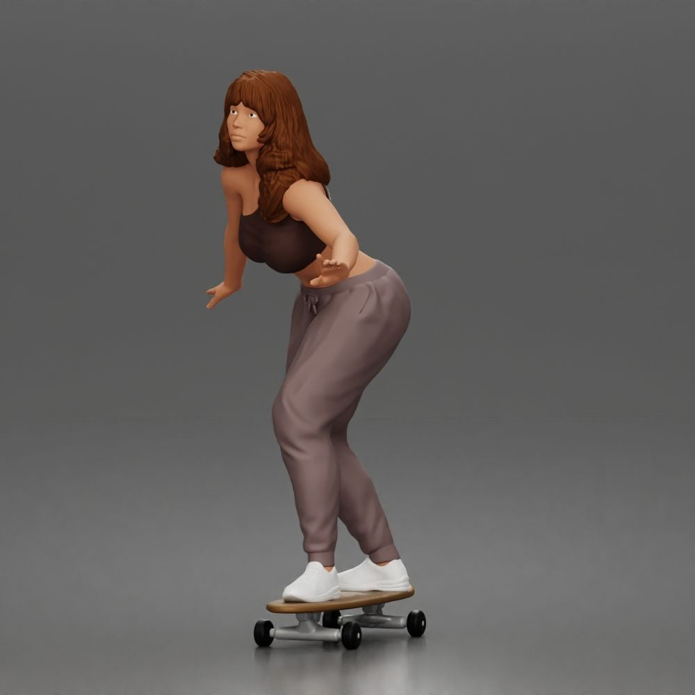 Diorama Modellbau Produktfoto 5: Diorama Figur: Skaterin balancierend auf Skateboard mit Crop-Top & Jogginghose (a170)