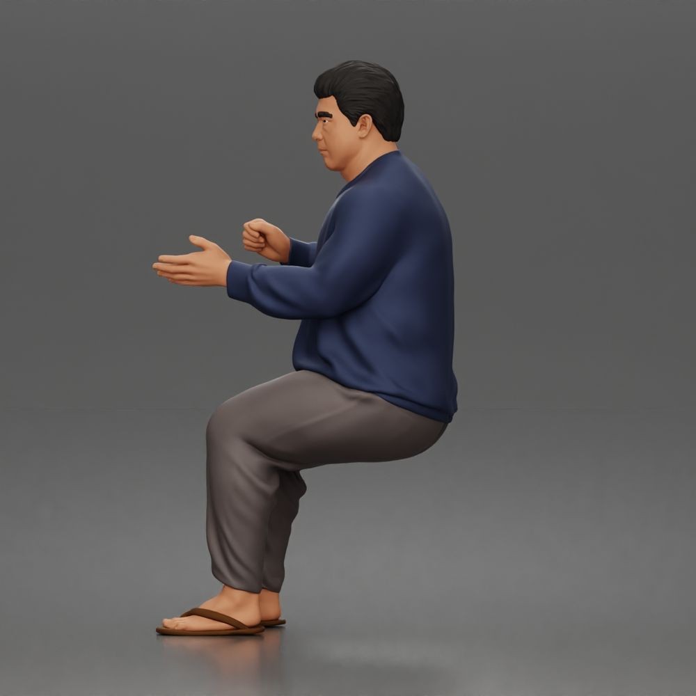 Photo produit de modélisme de diorama 6 : figurine assise : homme gesticulant avec pull, pantalon et tongs (a165)