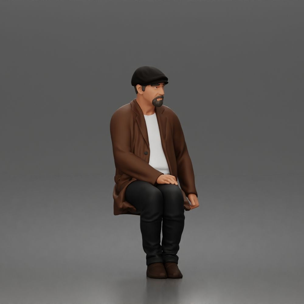 Diorama Modellbau Produktfoto 5: Sitzende Figur: Älterer Mann mit Mütze & Jacke (a210)