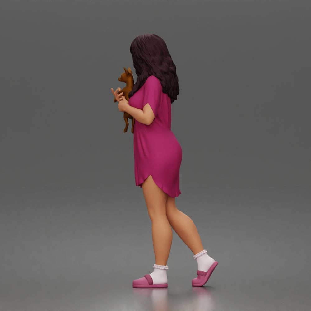 Diorama Modellbau Produktfoto 5: Stehende Figur: Frau im Nachthemd mit kleinem Hund auf dem Arm (a183)
