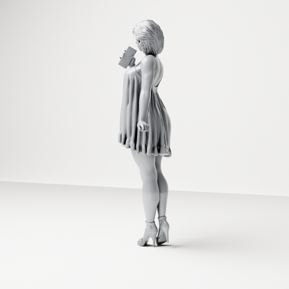 Diorama Modellbau Produktfoto 6: Stehende Figur: Frau im kurzen Kleid mit Mobiltelefon & Absatzschuhen (a180)