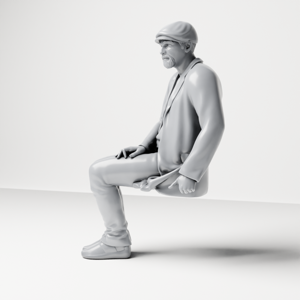 Diorama Modellbau Produktfoto 6: Sitzende Figur: Älterer Mann mit Mütze & Jacke (a210)