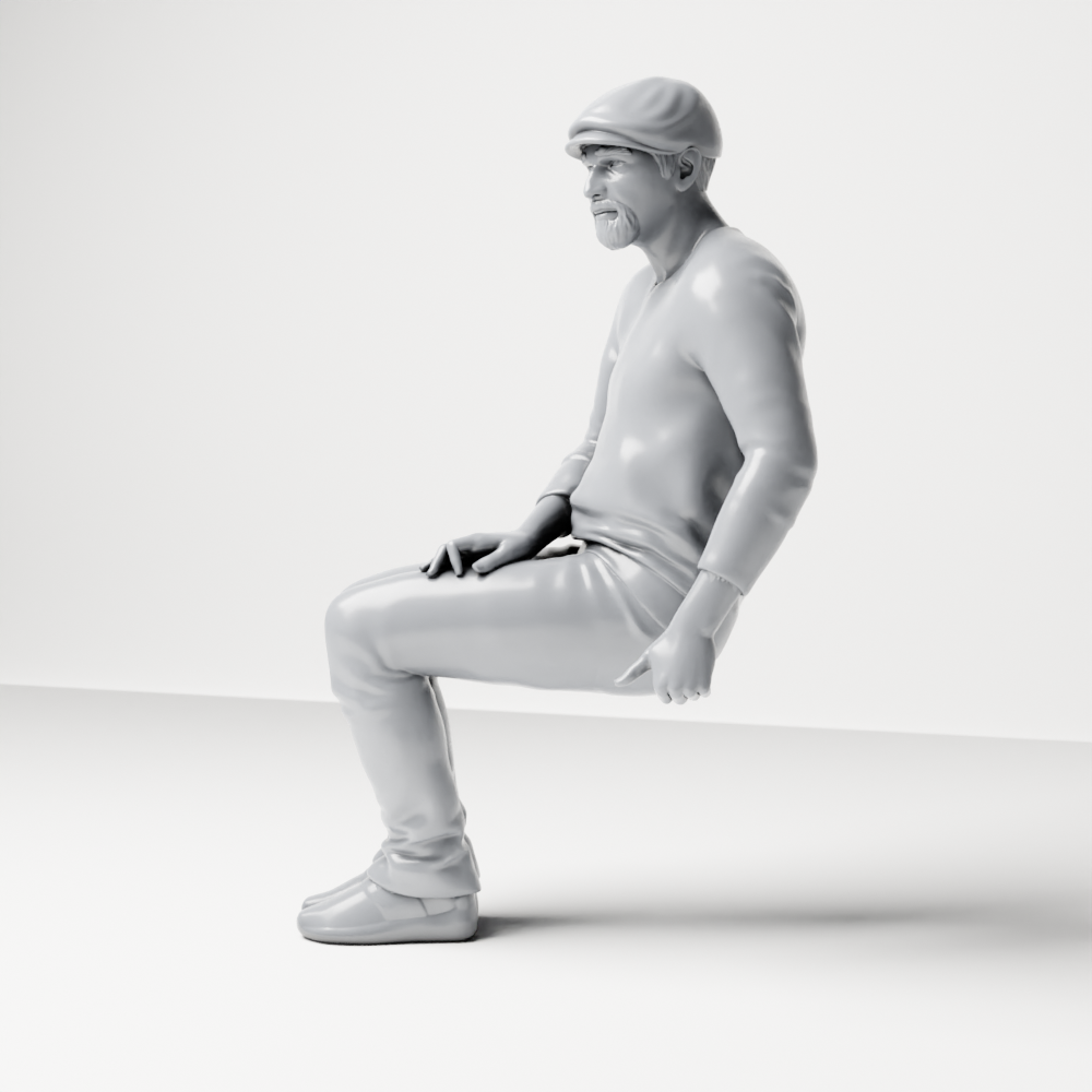 Diorama Modellbau Produktfoto 6: Sitzende Figur: Älterer Mann mit Mütze und Freizeitkleidung (a203)