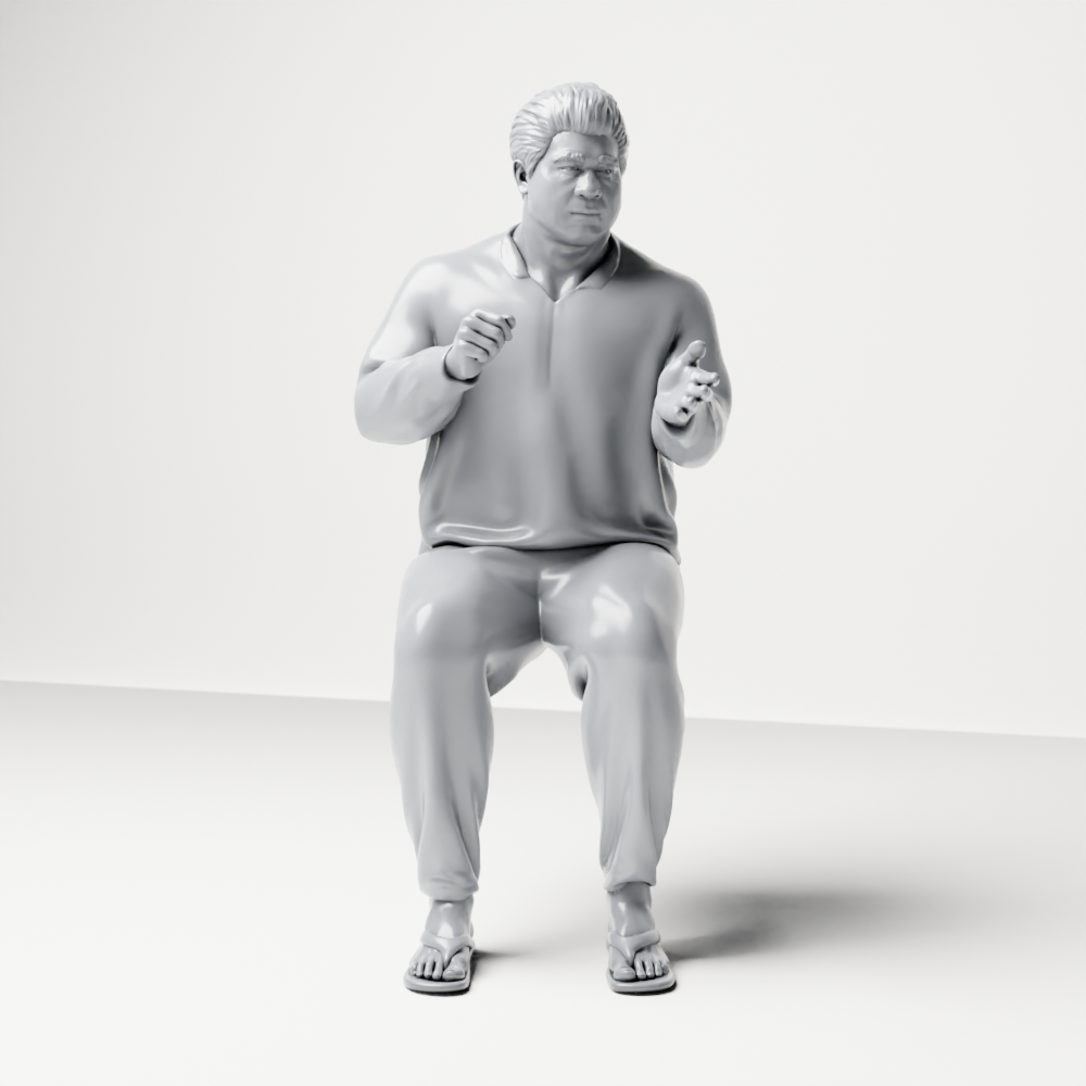 Photo produit de modélisme pour diorama 7 : Figurine assise : homme gesticulant avec pull, pantalon et tongs (a165)