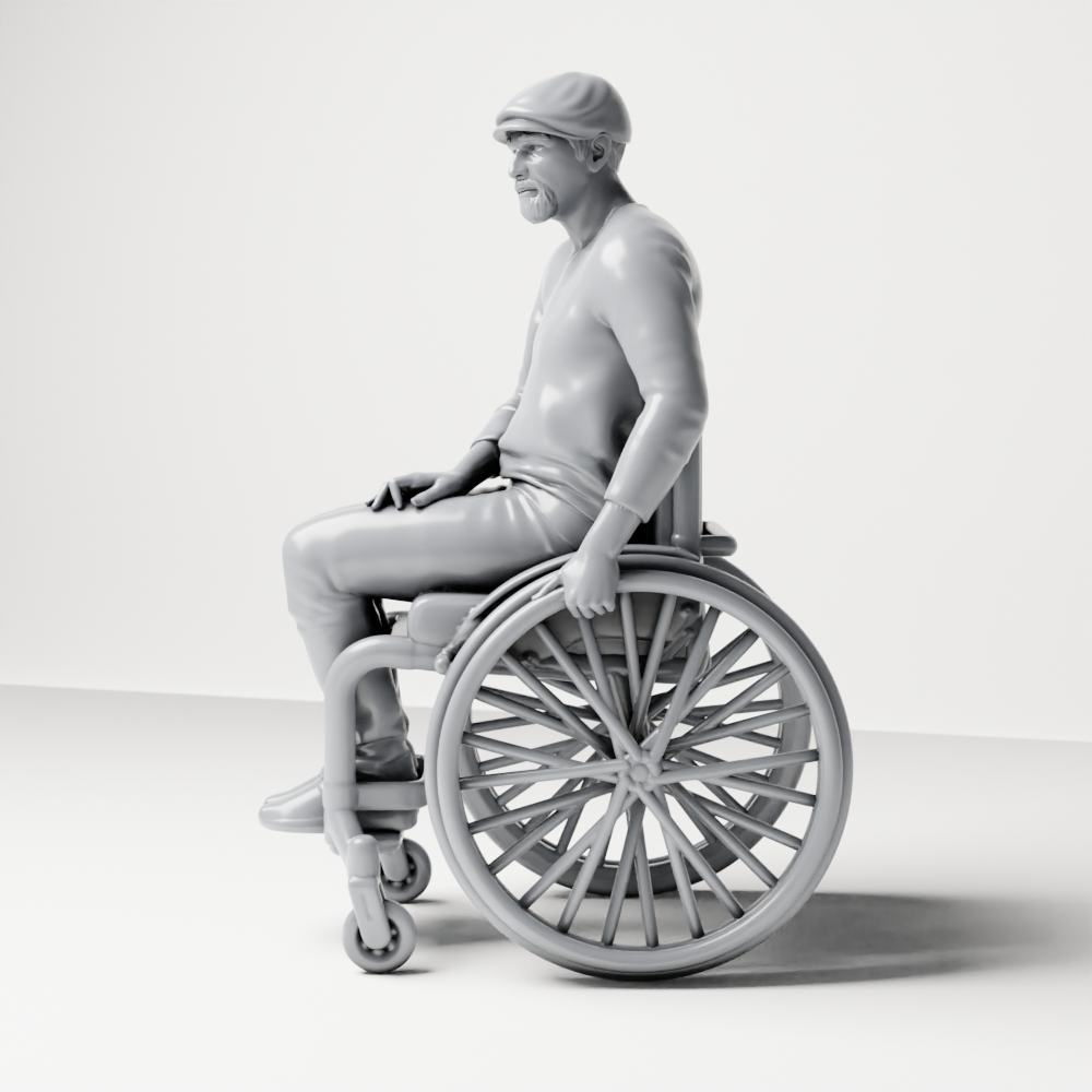Diorama Modellbau Produktfoto 6: Sitzende Figur: Älterer Mann im Rollstuhl mit Freizeitkleidung (a202)
