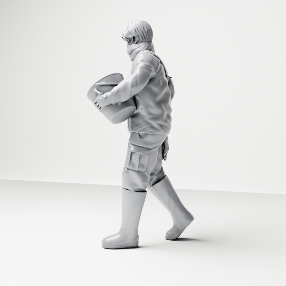 Photo produit de modélisme de diorama 6 : figurine debout : soigneur animalier avec seau de nourriture ouvert (a191)