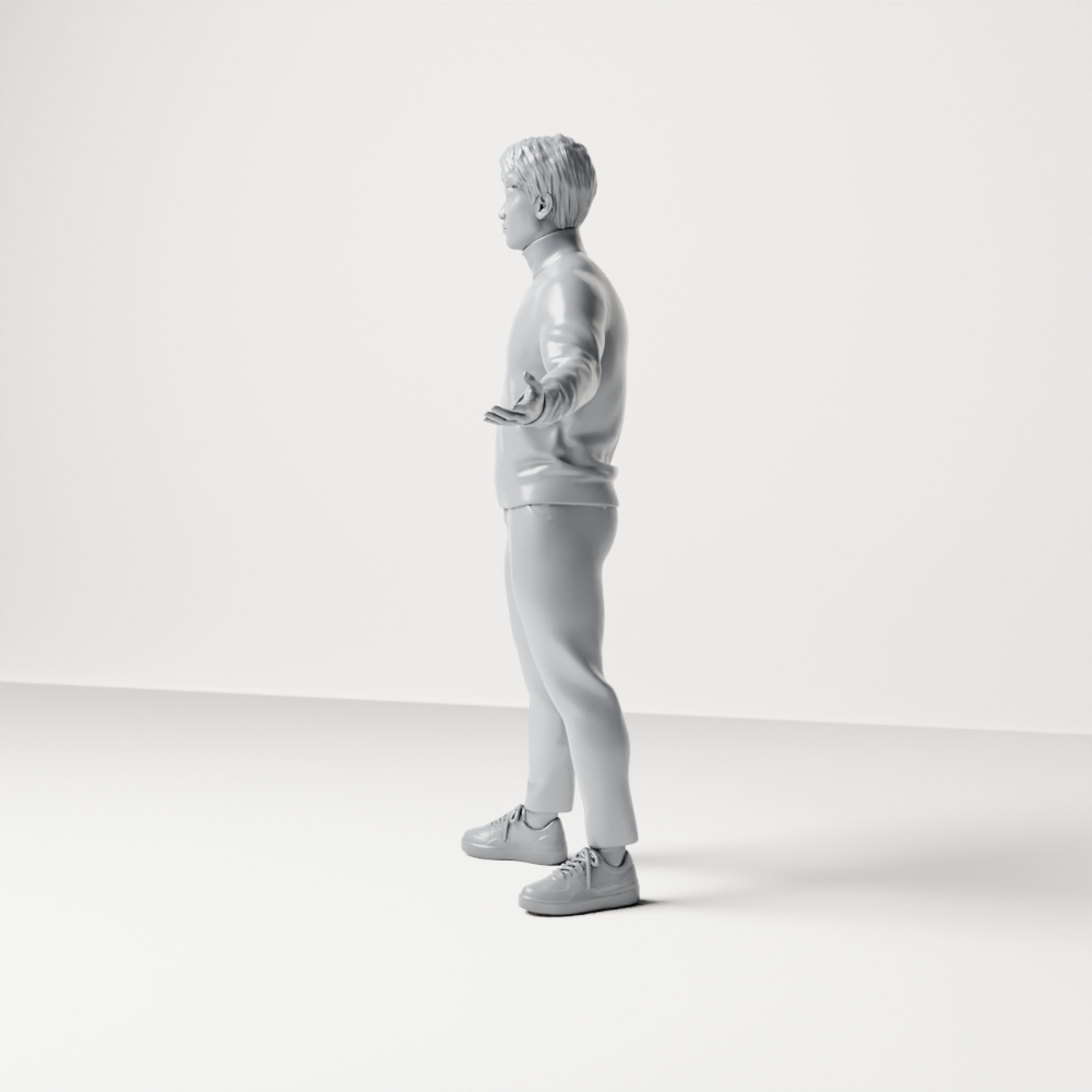 Diorama Modellbau Produktfoto 6: Stehende Figur: Präsentierender Mann mit Rollkragenpullover und offenen Armen (a190)