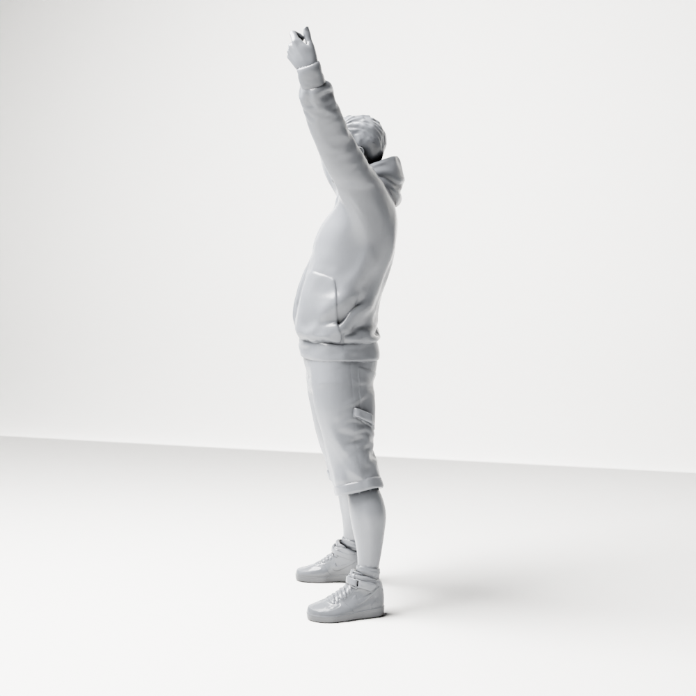 Photo produit de modélisme pour diorama 3 : figurine debout, manifestant avec banderole, sweat à capuche, short et chaussures de sport (a179)