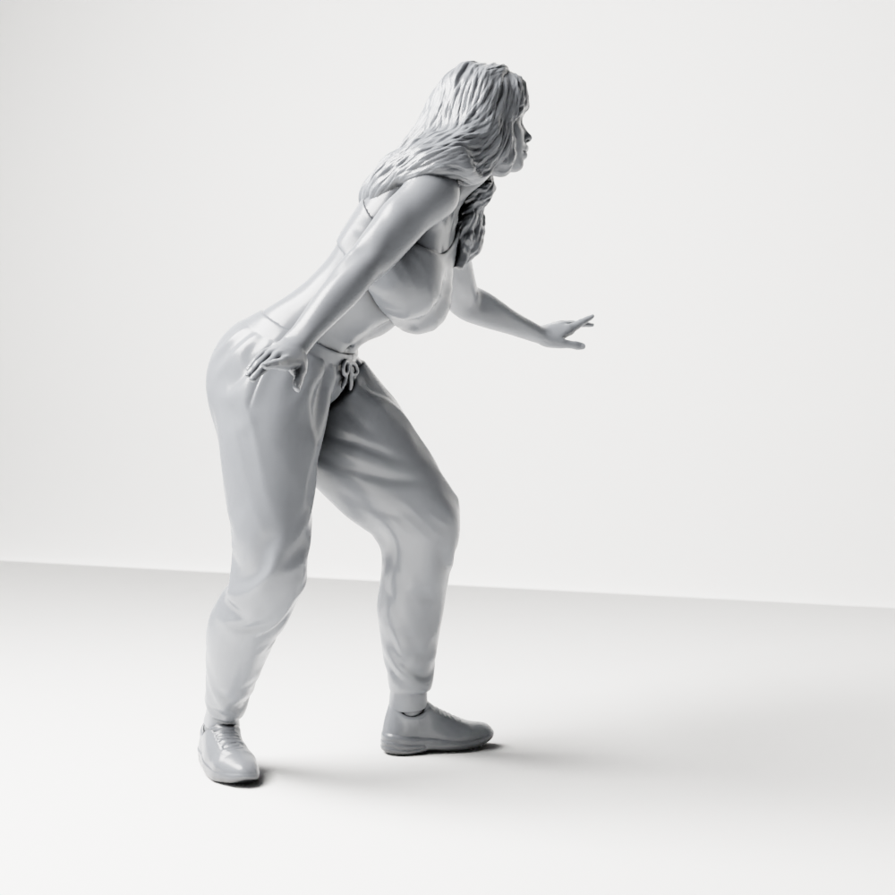 Diorama Modellbau Produktfoto 4: Stehende Figur: Skaterin in Balancehaltung mit Crop-Top, Jogginghose & Sneakern (a171)