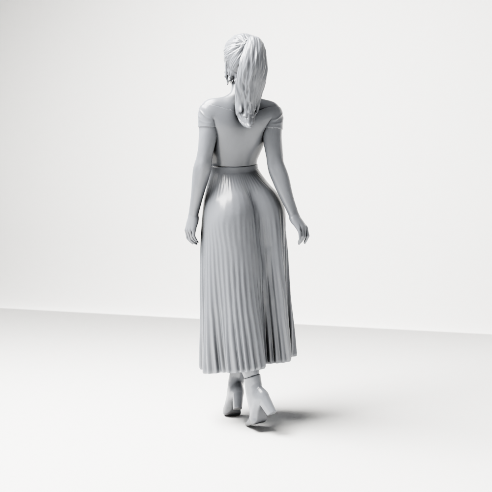 Photo produit de modélisme pour diorama 7 : figurine debout : femme avec haut à épaules dénudées et longue jupe plissée (a181)