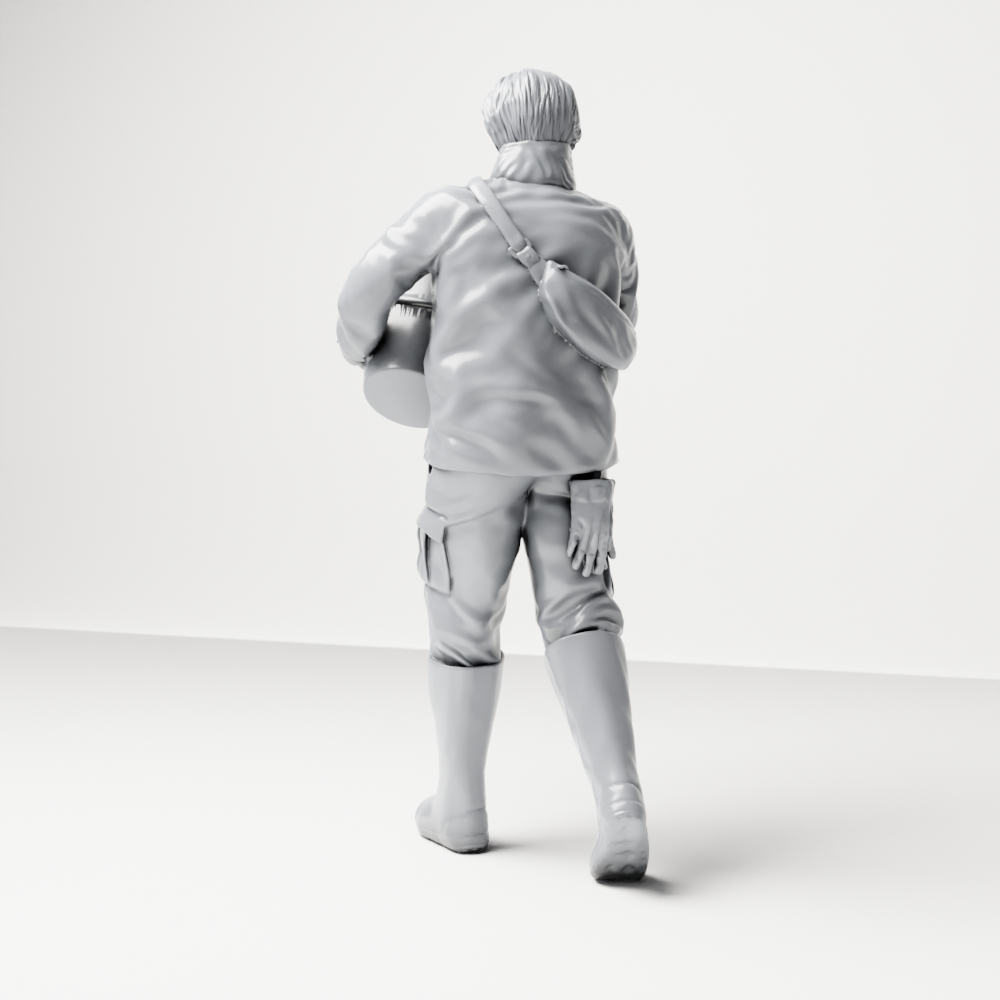 Photo produit de modélisme pour diorama 7 : figurine debout : soigneur animalier avec seau de nourriture ouvert (a191)