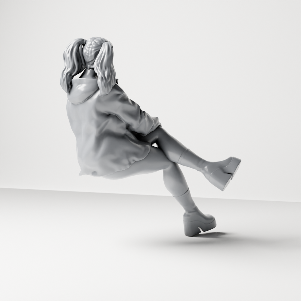 Diorama Modellbau Produktfoto 8: Sitzende Figur: Frau mit überkreuzten Beinen, Pferdeschwanz & Jacke (a161)