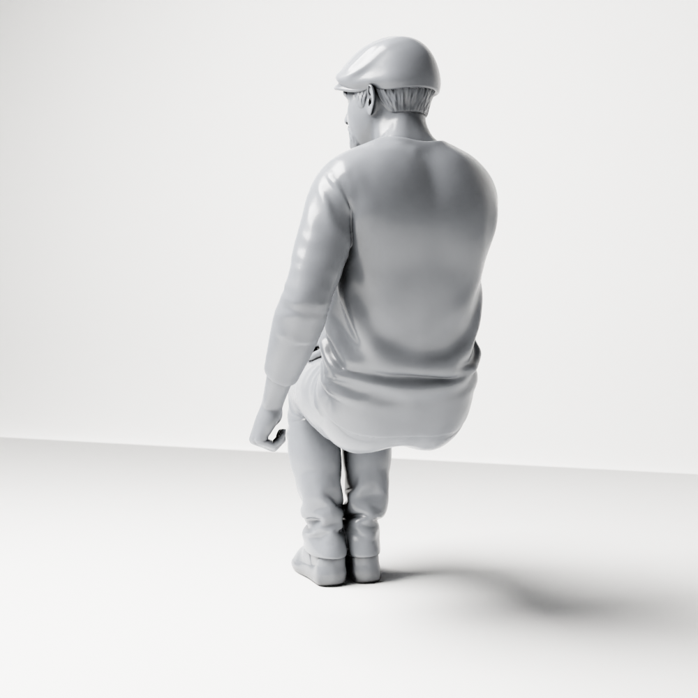 Diorama Modellbau Produktfoto 7: Sitzende Figur: Älterer Mann mit Mütze und Freizeitkleidung (a203)