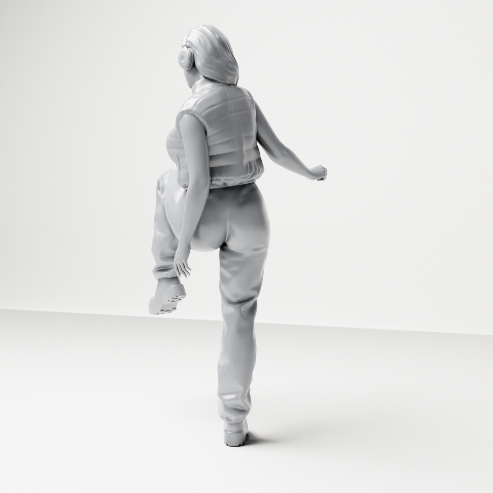 Diorama Modellbau Produktfoto 8: Stehende Figur: Frau mit Kopfhörern & weitem Streetwear-Outfit, Bein angehoben (a164)