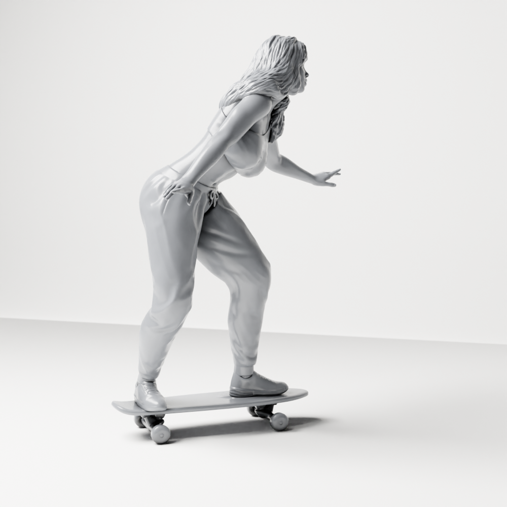 Diorama Modellbau Produktfoto 7: Diorama Figur: Skaterin balancierend auf Skateboard mit Crop-Top & Jogginghose (a170)