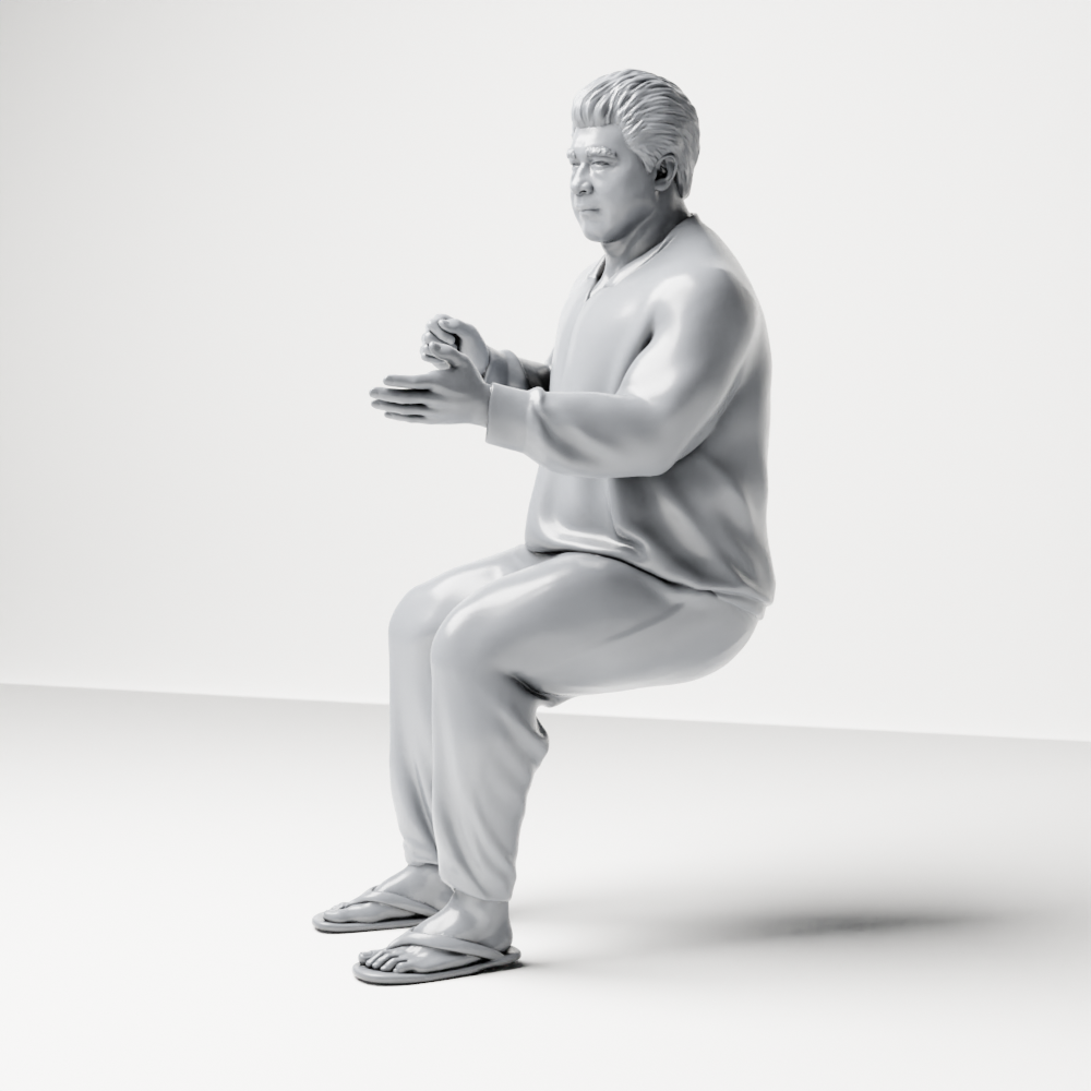Photo produit de modélisme pour diorama 8 : figurine assise : homme gesticulant avec pull, pantalon et tongs (a165)