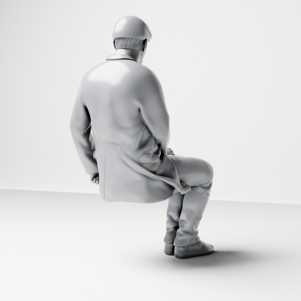 Diorama Modellbau Produktfoto 8: Sitzende Figur: Älterer Mann mit Mütze & Jacke (a210)