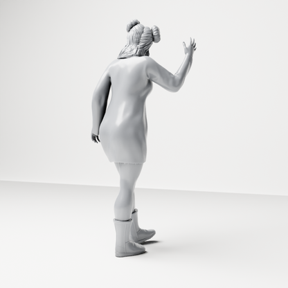 Photo produit de modélisme pour diorama 8 : figurine debout : femme faisant signe pour appeler un taxi, avec robe à manches longues et bottes (a204)