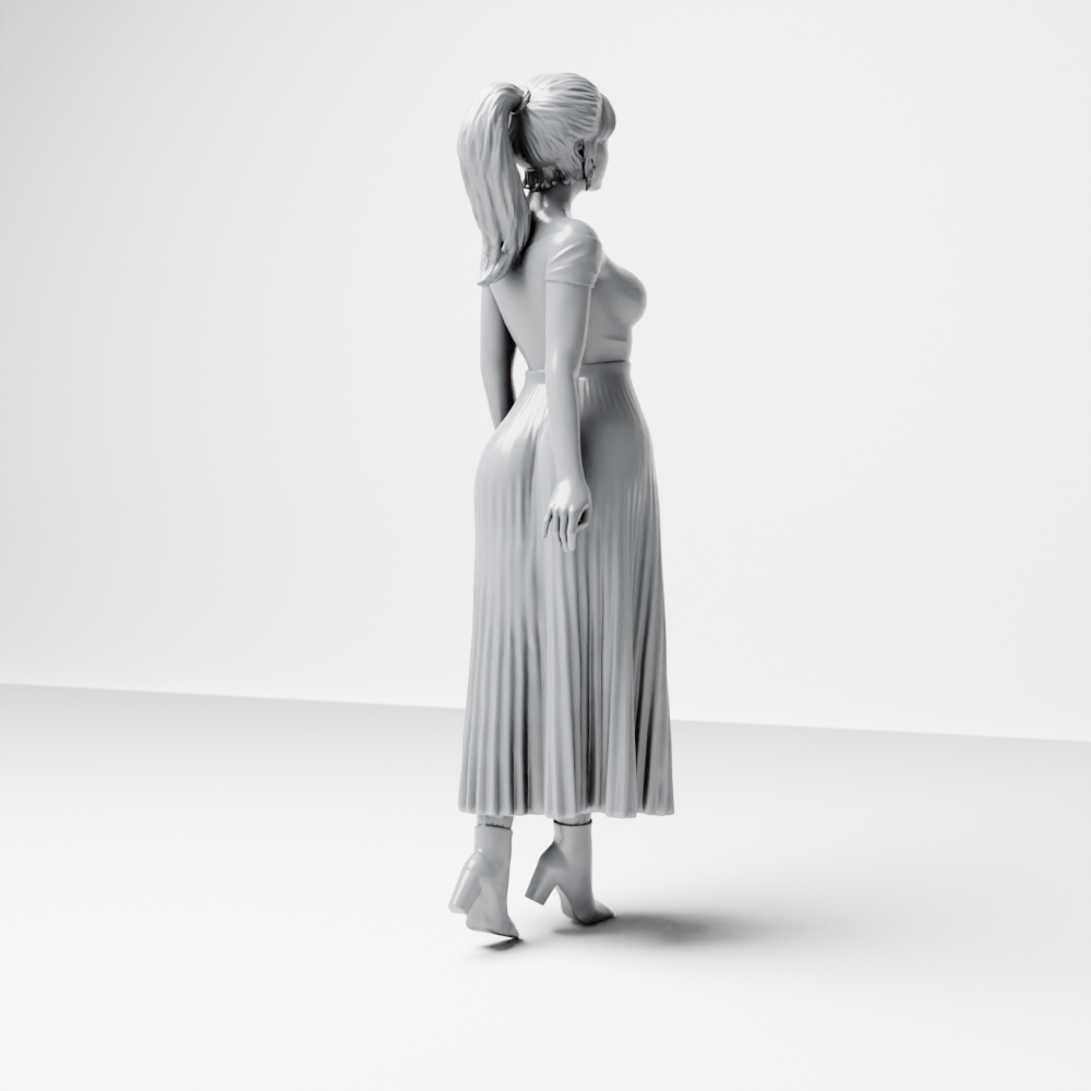 Photo produit de modélisme pour diorama 8 : figurine debout : femme avec haut à épaules dénudées et longue jupe plissée (a181)