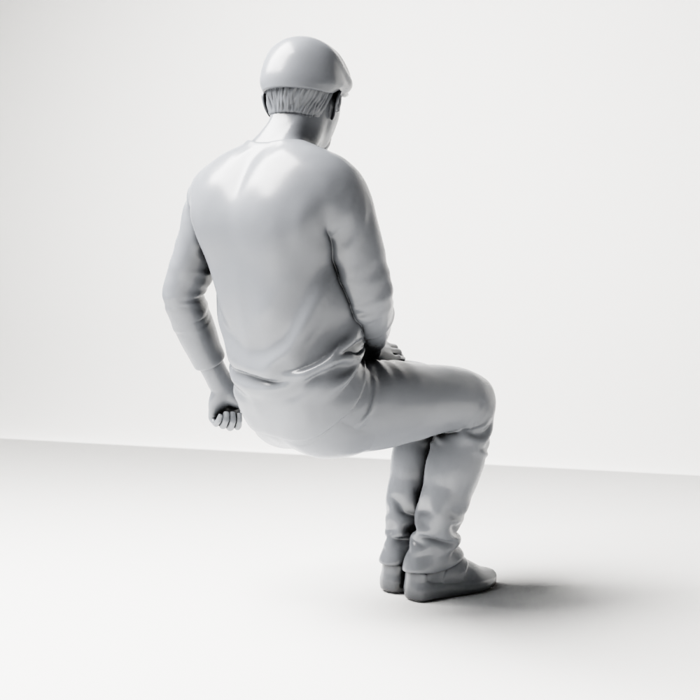Diorama Modellbau Produktfoto 8: Sitzende Figur: Älterer Mann mit Mütze und Freizeitkleidung (a203)