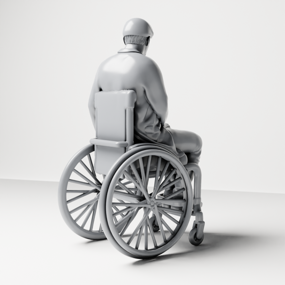 Diorama Modellbau Produktfoto 8: Sitzende Figur: Älterer Mann im Rollstuhl mit Mantel (a209)