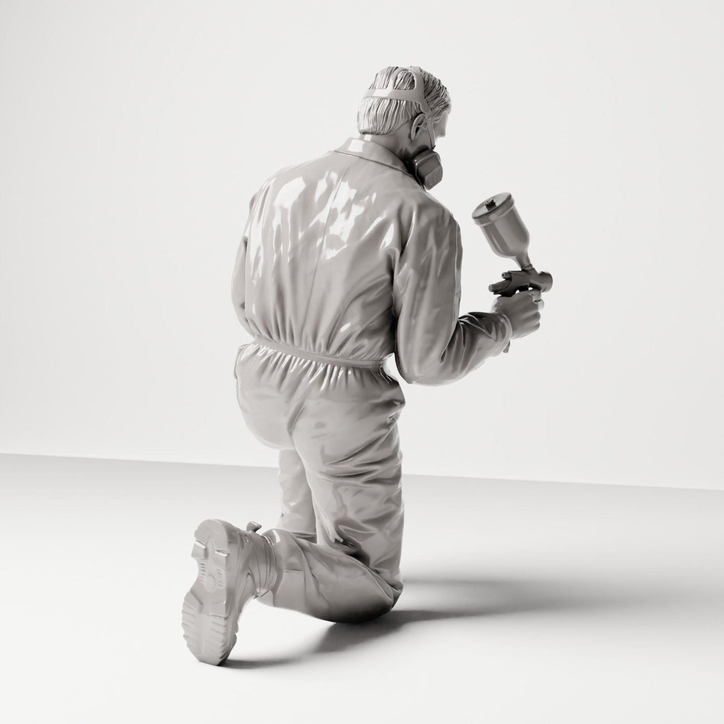 Kniende Figur: Autolackierer im Schutzanzug mit Atemschutz & Spritzpistole (Ref. Nr. 488) - vollständige Studioansicht 4