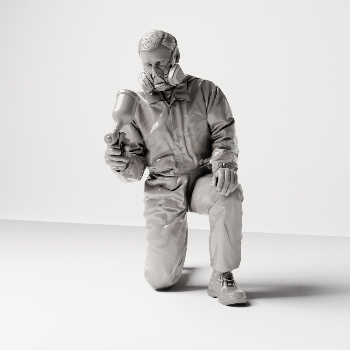 Kniende Figur: Autolackierer im Schutzanzug mit Atemschutz & Spritzpistole (Ref. Nr. 488) - vollständige Studioansicht 1