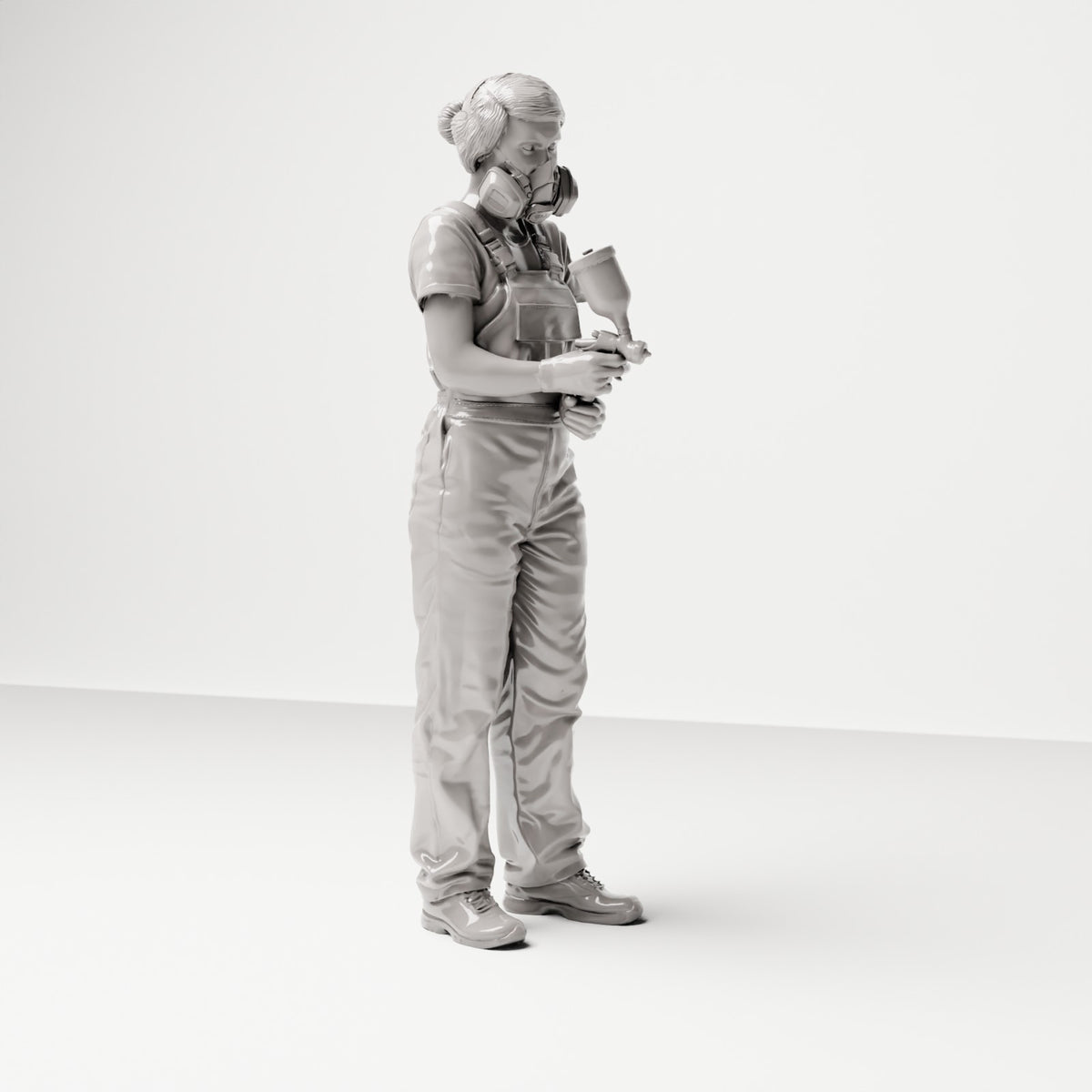 Stehende Figur: Mann in Latzhose mit Atemschutzmaske & Handgerät (Ref. Nr. 490) - vollständige Studioansicht 1