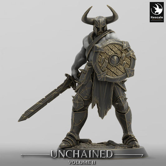 Photo de produit Tabletop 28mm Lord of the Print (LotP) 0 : Figurine Fantastique : Guerrier Cornu avec Bouclier Rond et Épée, Chevalier Noir, Combattant au Bouclier (24_05_C13)