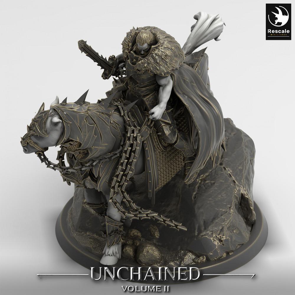 Photo de produit Tabletop 28mm Lord of the Print (LotP) 0 : Miniature Tabletop : Chevalier Noir / Death Knight sur destrier armé - Figurine de cavalier avec épée à deux mains et arme à chaîne, chef de la cavalerie noire (24_05_M)