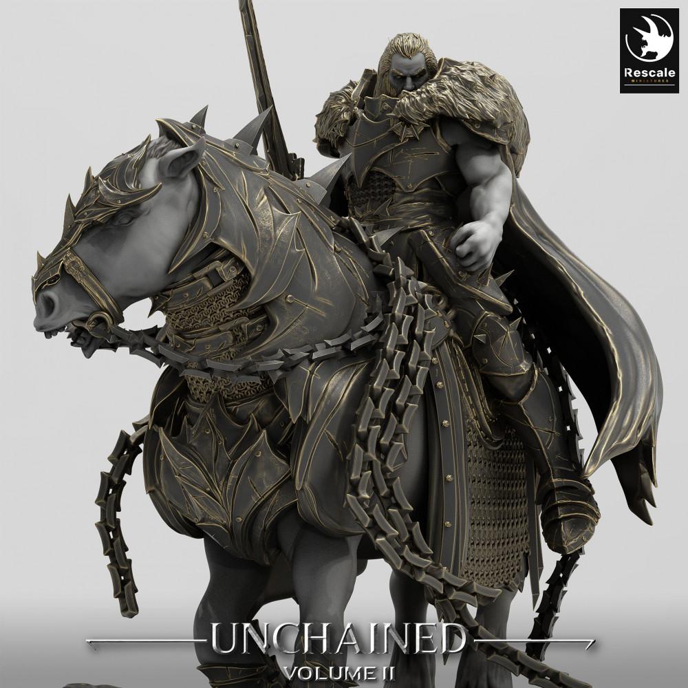 Photo de produit Tabletop 28mm Lord of the Print (LotP) 0 : Miniature Tabletop : Chevalier Noir / Death Knight sur destrier armé - Figurine de cavalier avec épée à deux mains et arme à chaîne, leader de la cavalerie noire (24_05_M)