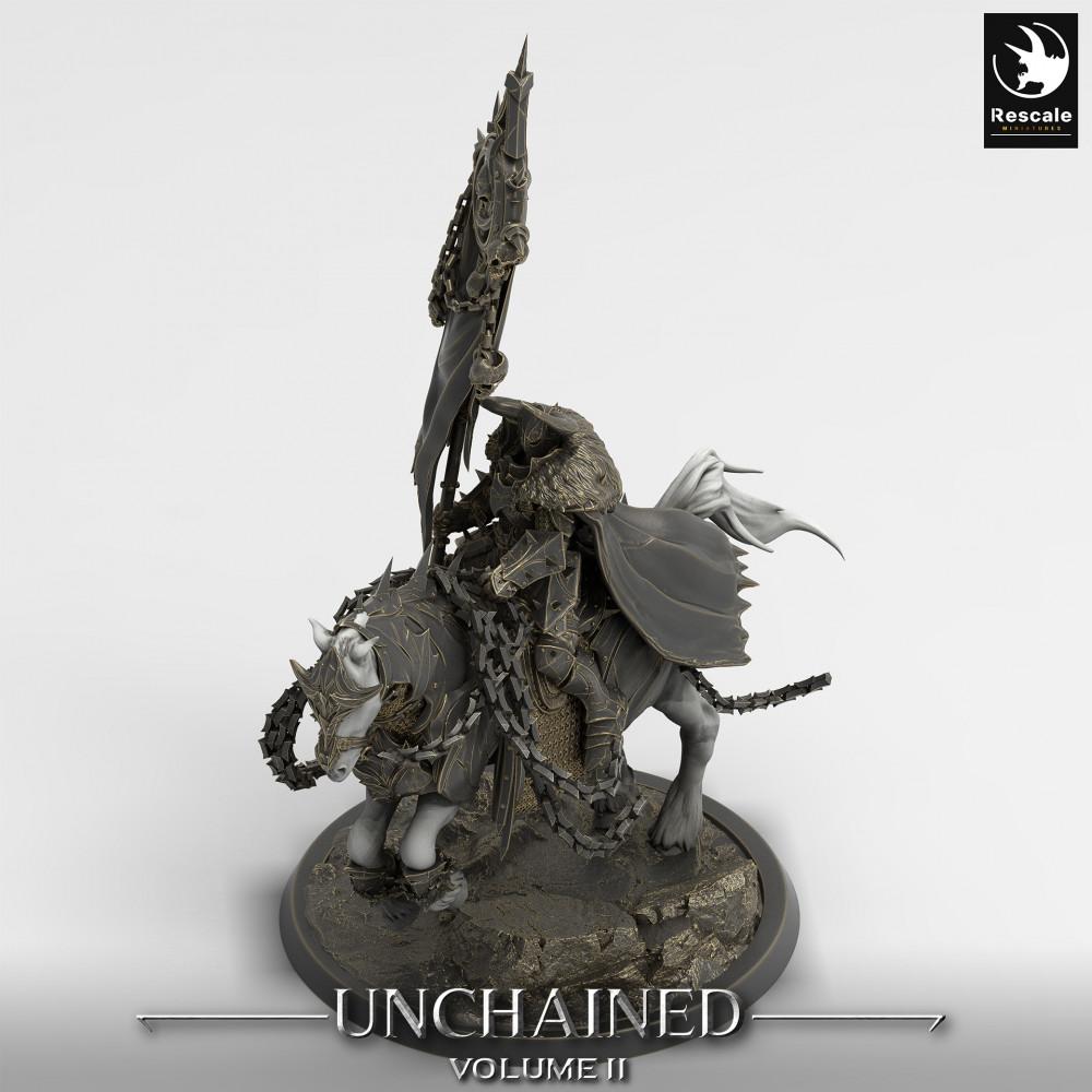 Photo de produit Tabletop 28mm Lord of the Print (LotP) 0 : Miniature Tabletop : Chevalier de la Mort à cheval avec étendard de guerre, porteur d'étendard, Paladin Noir (24_05_R)