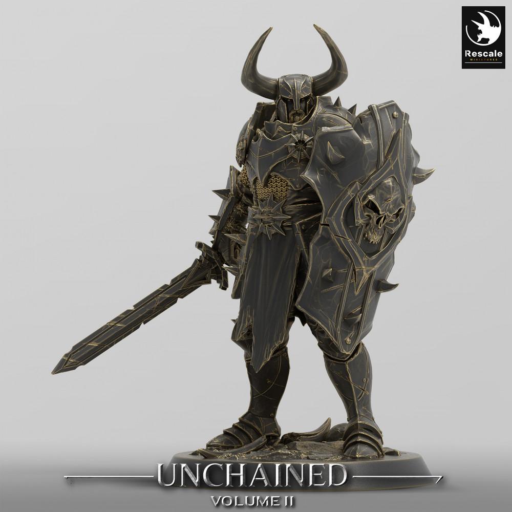 Photo du produit Tabletop 28mm Lord of the Print (LotP) 0 : Miniature de Tabletop : Chevalier Noir / Guerrier du Chaos avec bouclier et épée longue, casque à cornes, emblème de crâne (24_05_D22)