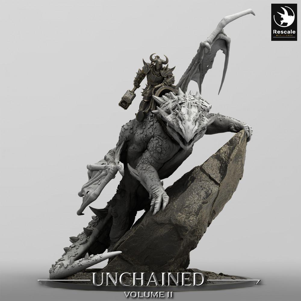 Photo de produit Tabletop 28mm Lord of the Print (LotP) 0 : Miniature Tabletop : Cavalier de dragon sur Wyvern, seigneur de guerre en armure plate avec marteau de guerre, monstre boss avec base diorama volcanique (24_05_K1)