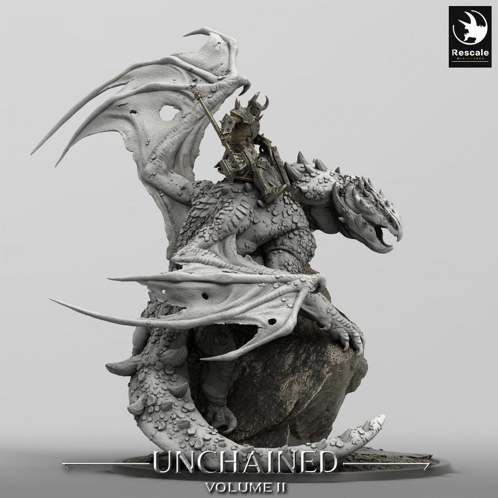 Photo de produit Tabletop 28mm Lord of the Print (LotP) 0 : Miniature Tabletop : Cavalier de dragon sur Wyvern, seigneur de guerre en armure plate avec marteau de guerre, monstre boss avec base diorama volcanique (24_05_K1)