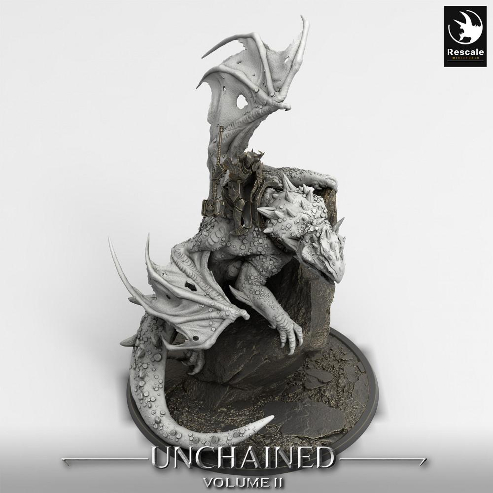 Photo de produit Tabletop 28mm Lord of the Print (LotP) 0 : Miniature Tabletop : Cavalier de dragon sur Wyvern, chef de guerre en armure plate avec marteau de guerre, monstre boss avec base diorama volcanique (24_05_K1)